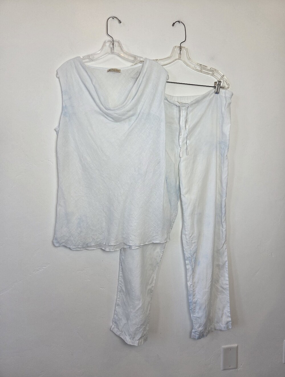 *Flawed* Puro Lino White Linen Set Pants Blouse Beach Summer Lagenlook XXL
